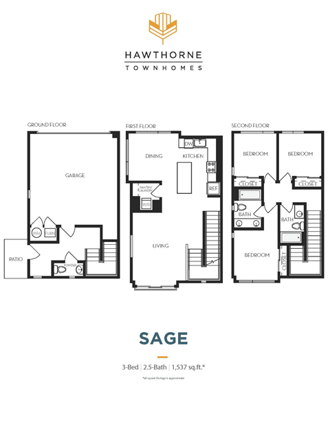 Floor plan for 3 beds, 2.5 baths, 1537 sqft